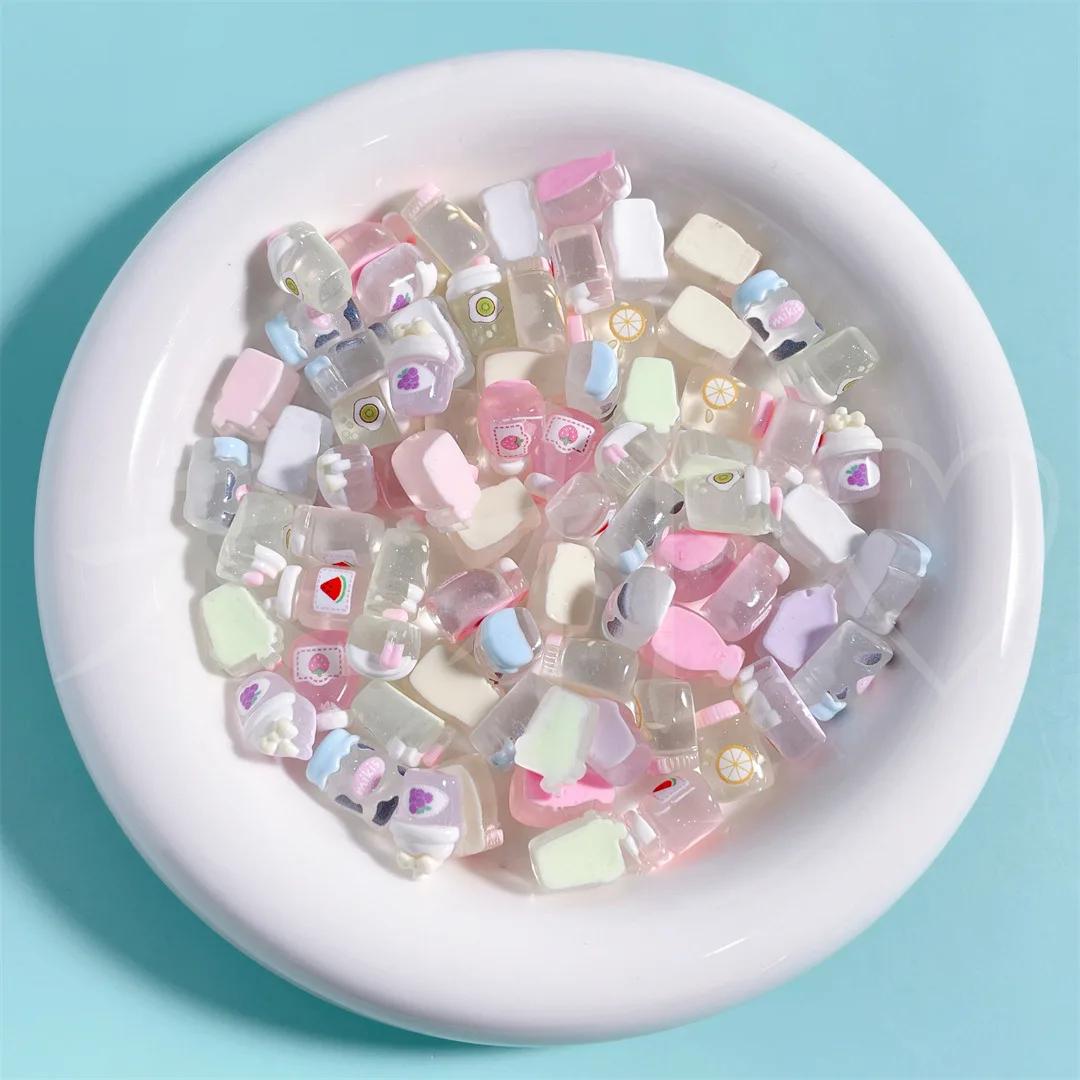 100pcs Cartoon mini transparent fine flash milk juice beverage resin jewelry accessories handmade Hairpin phone case decoration view 6