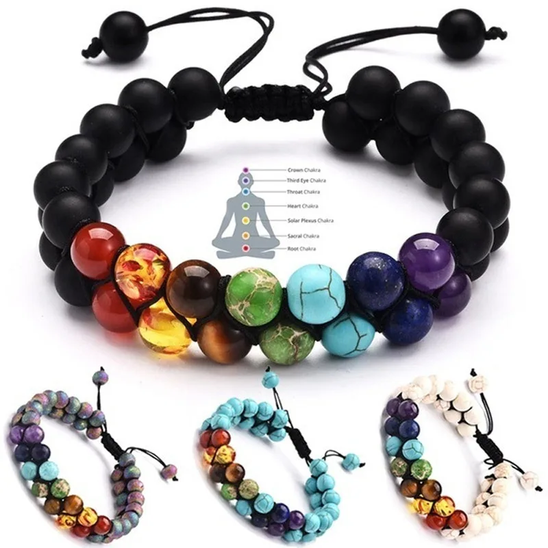 Fashionable Men's Beaded Bracelet Double Braided Volcanic Stone Beaded Bracelet Women's Casual Yoga Handwoven Bracelet