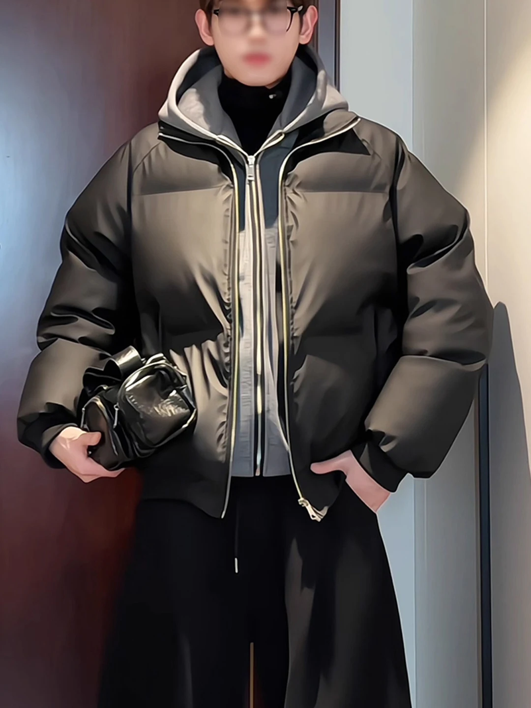 

American Design Bla Cotton Jaet Men's Winter Patchwork Bread Sle High Street Outerwear Casual Loose Fit Hooded Coat