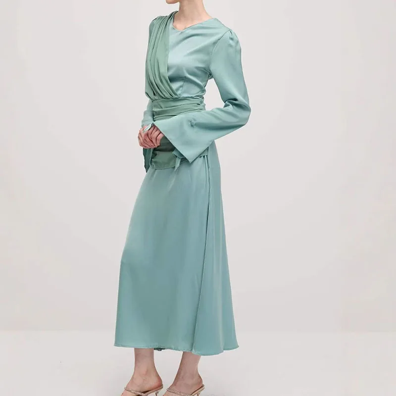 Vestido largo de satén ajustado drapeado con varias telas para mujer, vestido largo informal de manga larga con cintura y cuello redondo, vestido de fiesta de Color sólido