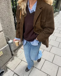 Cappotto vintage in pelle scamosciata solida per donna Autunno monopetto Colletto con risvolto Streetwear Moda Capispalla a maniche lunghe 2024 Nuovo