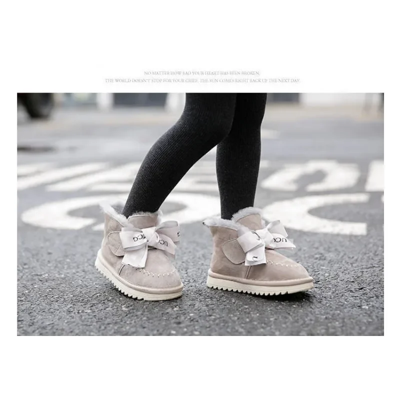 Girls Winter Snow Boots Girls Fleece Warm Cotton Boots Children Thickened Bows Princesses Cotton Ribbons Solid Color Booties