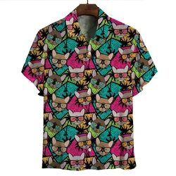 Retro Cat Tropic Aloha Shirts For Men 3D Printed Animal Short Sleeve Streetwear Button Blouse Oversized Lapel Hawaiian Shirt