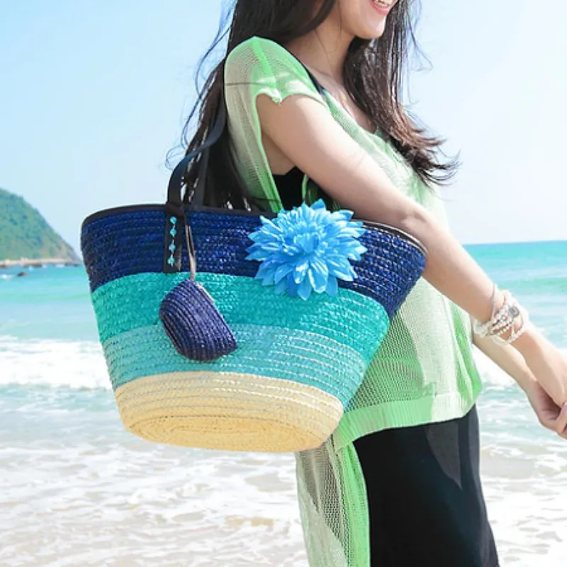 Bohemian Women Rattan Tote Bag Starfish Fashion Ladies Shoulder Handbag Summer Beach Travel Shopping Tote Bags Straw Women Purse