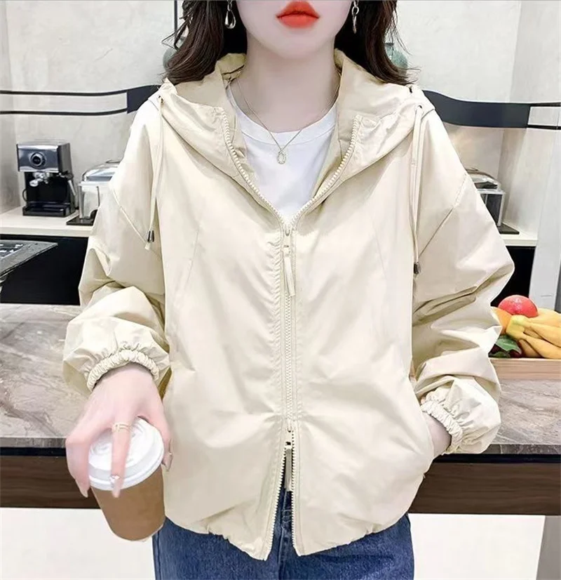 

2026 Harajuku High Collar Cropped Women Solid Color Hooded Zip-up Coat Woman Autumn Casual Short Windbreaker Female