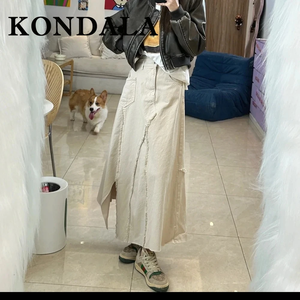 KONDALA 2025 Tassel Vintage White Woman Suit Asymmetric Strapless Slim Vest+Chic Split Long Dress Women Casual Elegant Sets