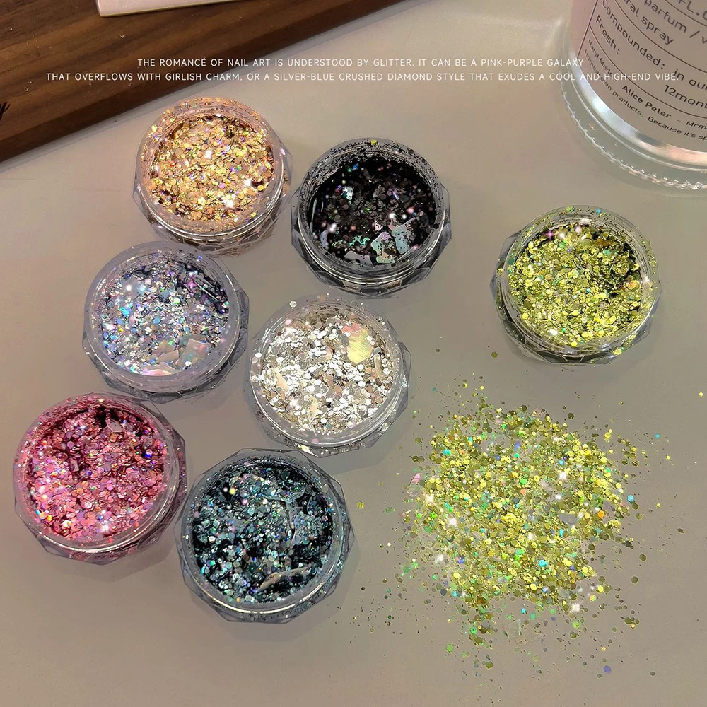 1g/Jar Mixed Shell Holographic Nail Sequins Irregular Slice Flakes Nail Art Glitter Ultra-Thin Sparkly Iridescent Nail Powder