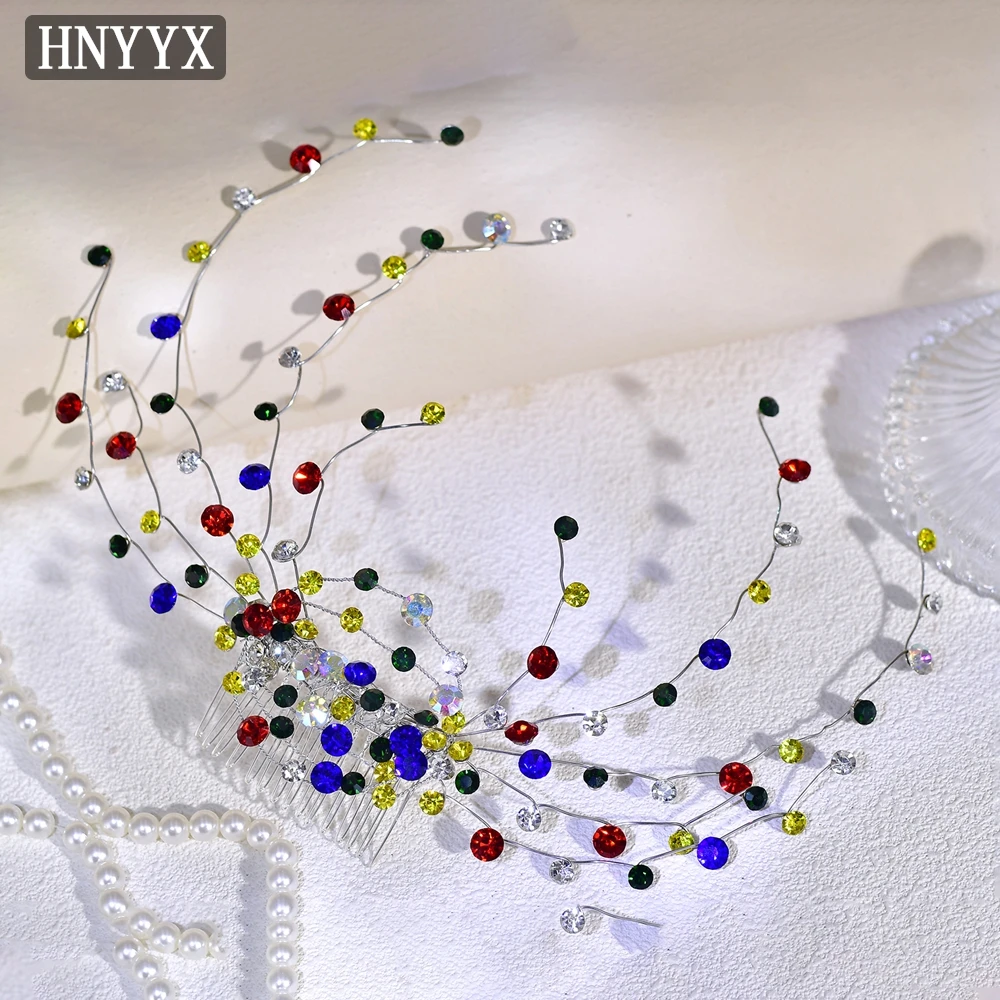 HNYYX Crystal Hair Comb Clip Colored Rhinestone Hair Comb Handmade Women's Bridal Wedding Hair Ornament Jewelry A268 image 3