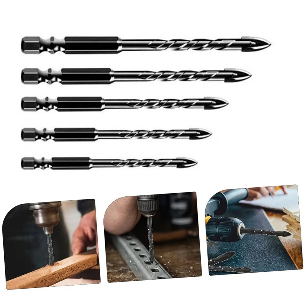 Set 5 Mata Bor Segitiga untuk Ubin Kaca Beton Batu Kayu Plastik dengan Gagang Hexagonal Pembuka Lubang 4 5 6 8 10MM Hitam