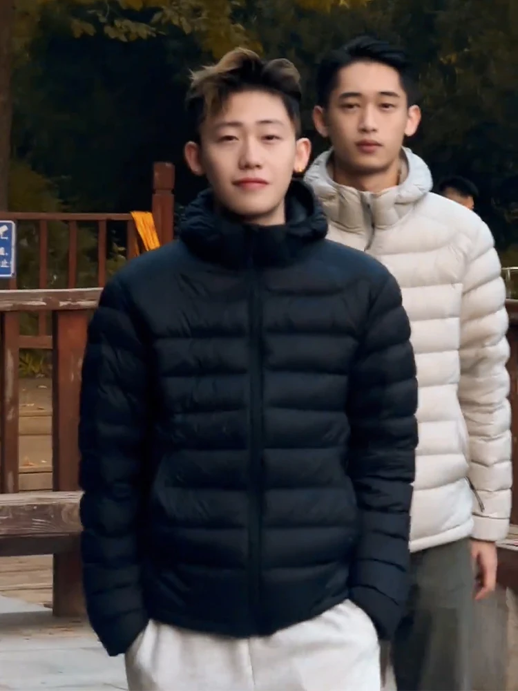 

Мужская легкая пуховая куртка с капюшоном, высоким воротником, ветрозащитная, теплая, хлопковая, зимняя верхняя одежда, повседневная, на молнии