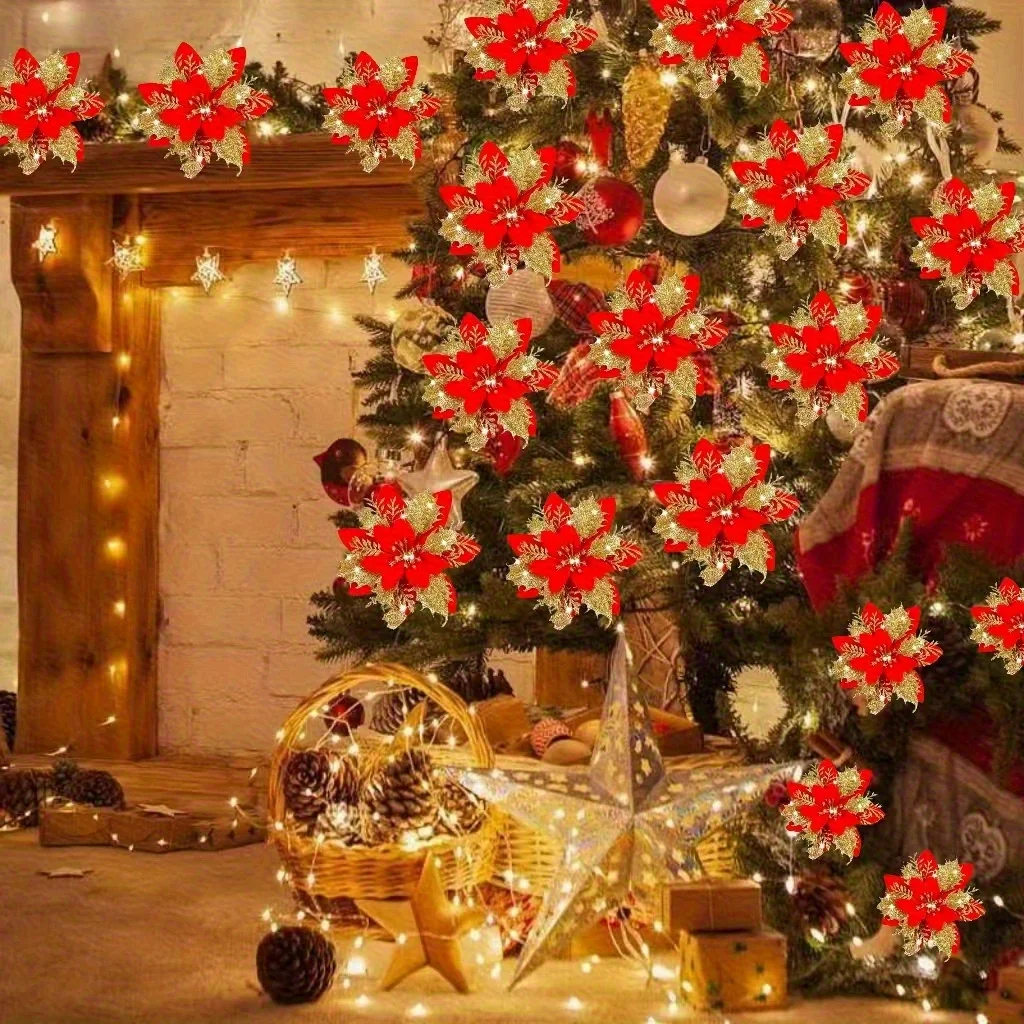 16 قطعة زهور البونسيتة الاصطناعية مع البلاستيك المتلألئ عيد الميلاد الشكر السنة الجديدة شجرة القبعات العالية أكاليل باقة الزهور #1