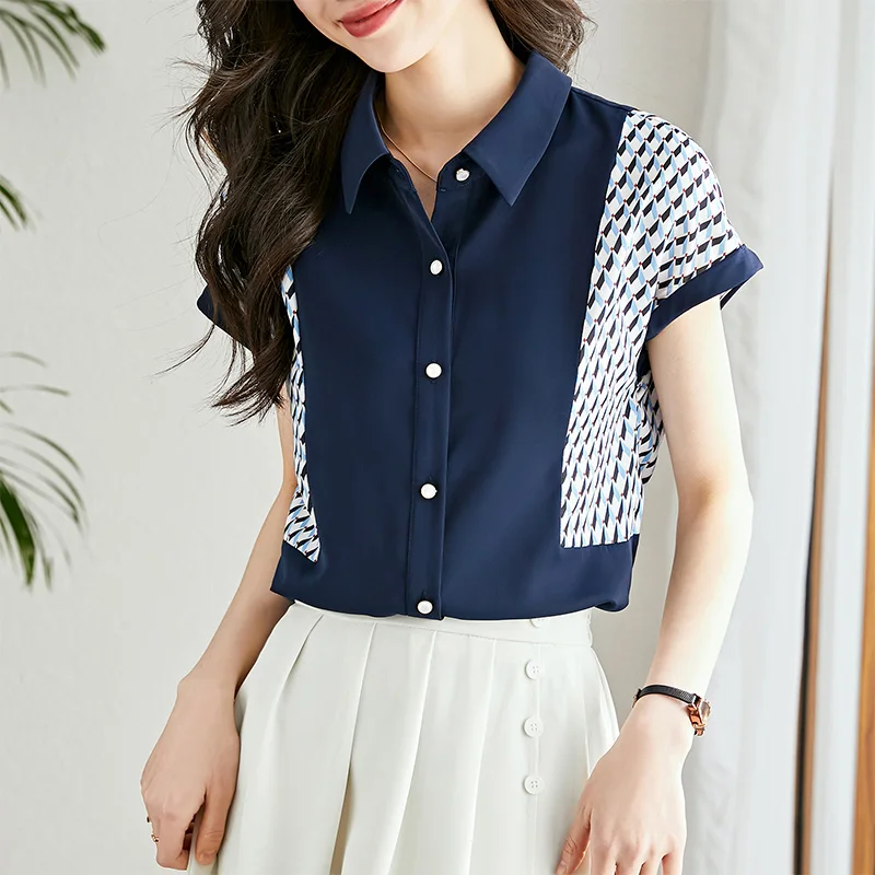 Frauen Sommer Patchwork gedruckt Chiffon Shirts Kurzarm Mode lose elegante Vintage Tops Büro Dame pendeln lässige Tops