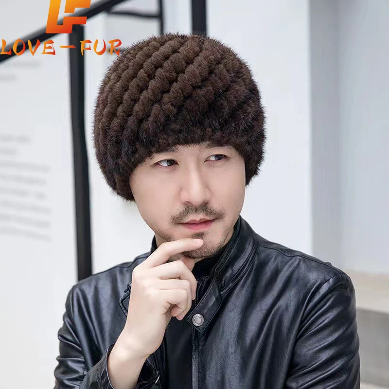 

Winter Men Mink Fur Hats Natural Real Fur Knitted Cap Fashionable Fluffy Grandfather Genuine Fur Beanie Female Black Fur Caps