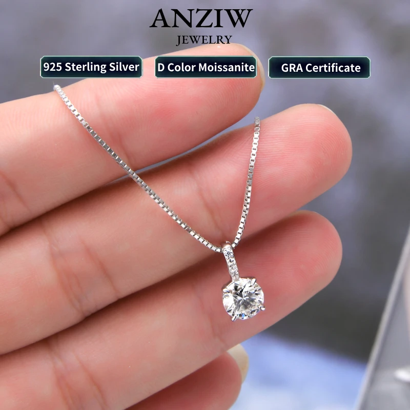 Anziw Original 6.5mm 1ct Moissanite wisiorek naszyjnik dla kobiet srebrny 925 szterling Box biżuteria z certyfikatem GRA 45 + 5cm