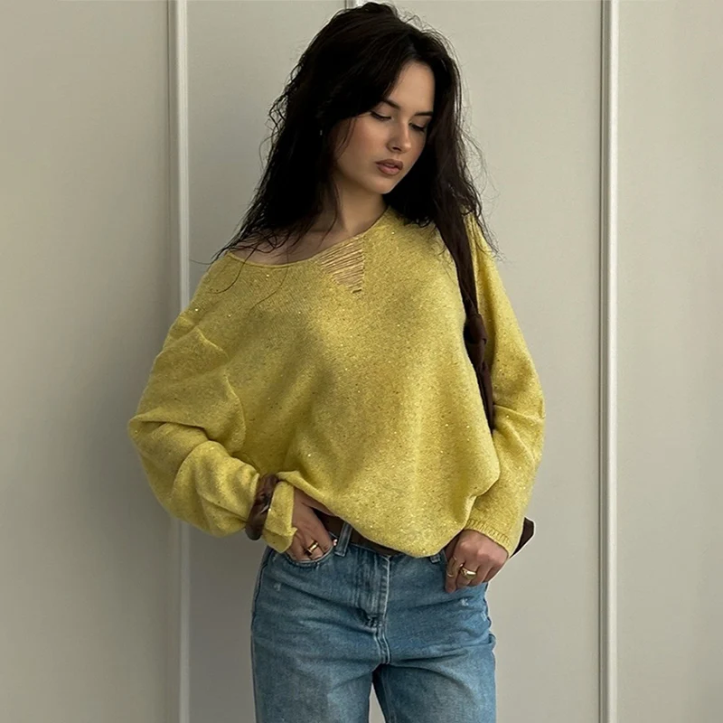 

Французские элегантные футболки с длинными рукавами, женские весенне-осенние шикарные вязаные пуловеры с блестками, сексуальный трикотаж с открытыми плечами для пикантных девушек