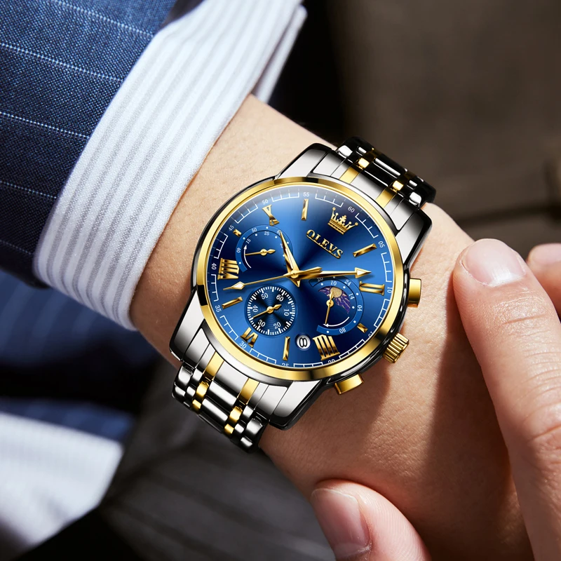 OLEVS 2895 Moon Phase Watch Men Multifunction Date Stainless steel Waterproof Roman Dial Chronograph Quartz Men 's Watches NEW