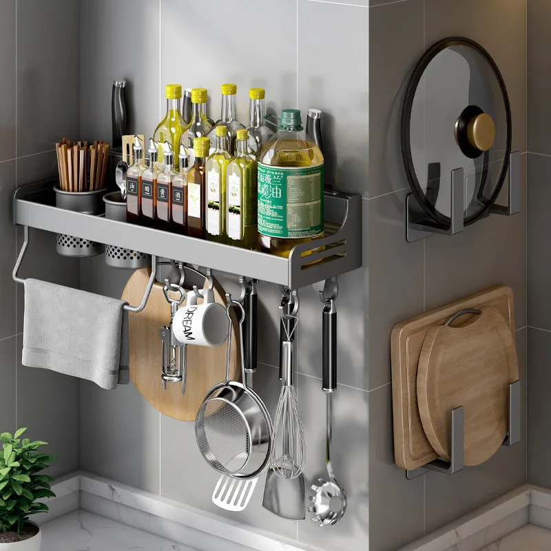 Wall-mounted Kitchen Organizer Shelf Spice Storage Rack Household Seasoning Chopsticks Knife Spoon Shovel Storage Holder