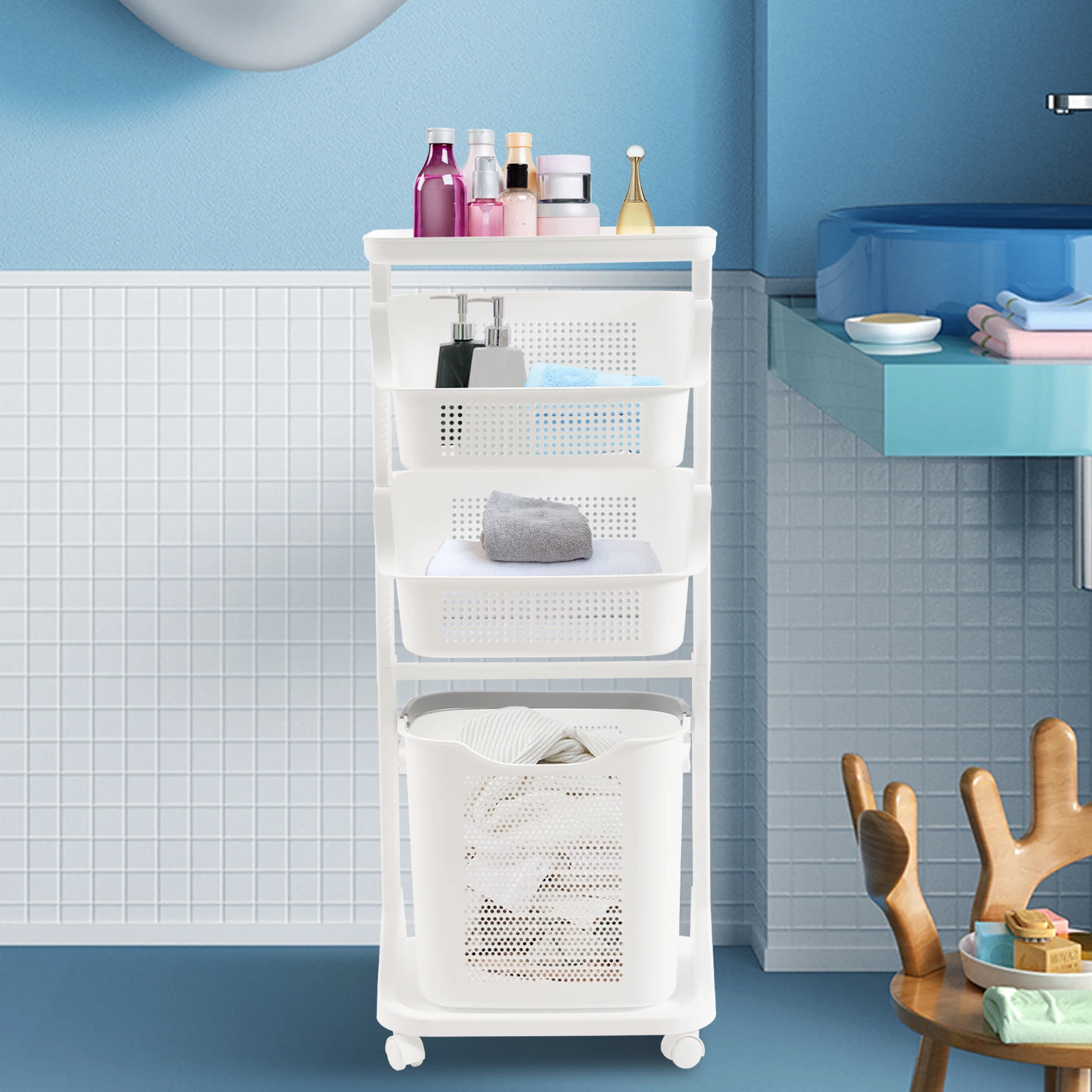 Wheeled Laundry Basket Bathroom Multi-layer Clothes Storage Basket Household Bathroom Storage Shelf Kitchen Shelf Fruit Stand