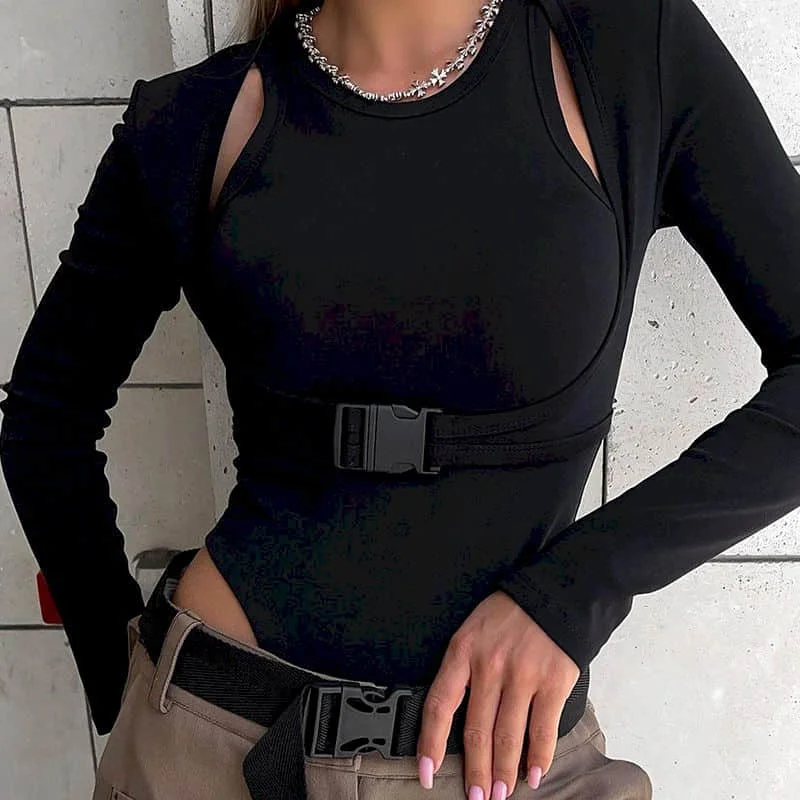 الإناث حللا وهمية قطعتين رياضي ارتداءها س الرقبة مثير تي شيرت النمط الأمريكي طويلة الأكمام الملابس الضيقة للنساء رومبير