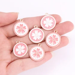 10Pcs Pink Sakura Flower Charm Alloy Enamel Round Pendant Jewelry Making DIY Cute Cherry Blossoms Earrings Necklace Accessories