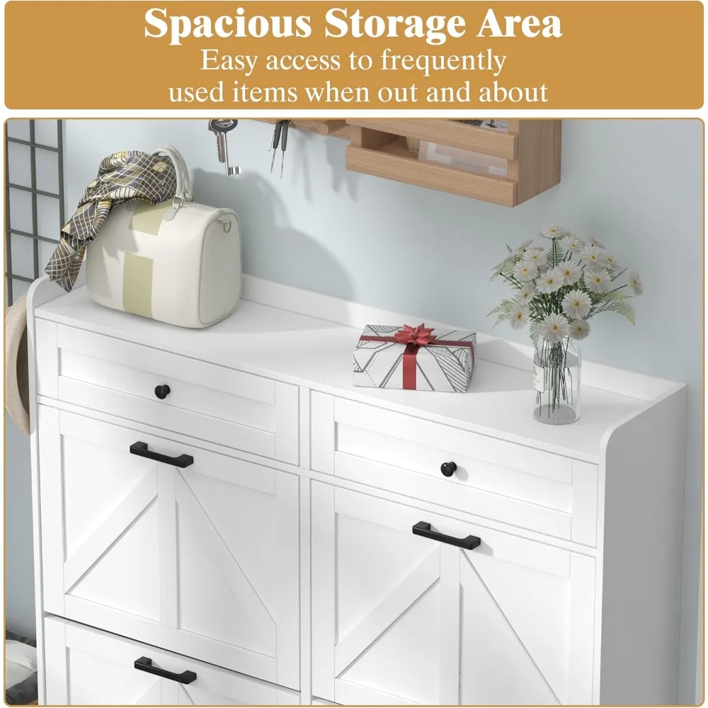 خزانة أحذية على طراز المزرعة الريفية مع 4 أدراج قابلة للطي ودرجين تخزين، ورف منظم أحذية ضيق ونحيف للمنزل #4