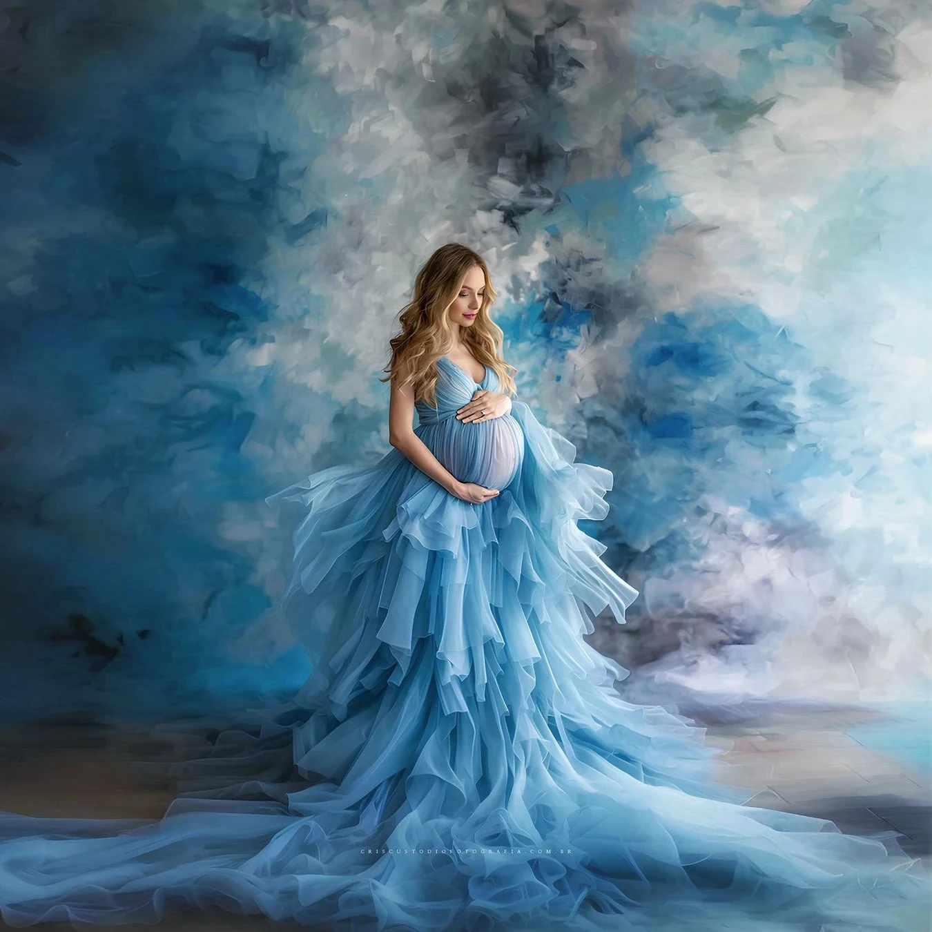 

Puffy Ruffles Maternity Dress For Photoshoot Women Pregnant Gowns Lush Tulle Robe Bathrobes V neckline Blue Maxi Dresses