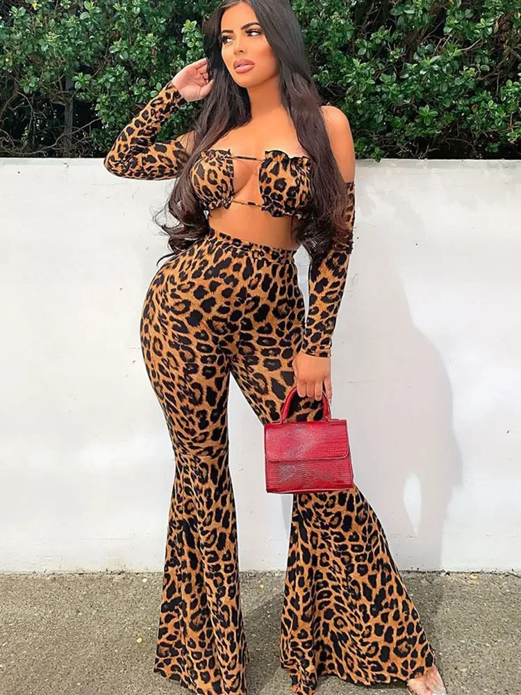 

Sexy Leopard Print Night Party Club Outfits for Women 2 Pieces Long Sleeve Off The Shoulder Crop Top + Flare Pants Matching Sets