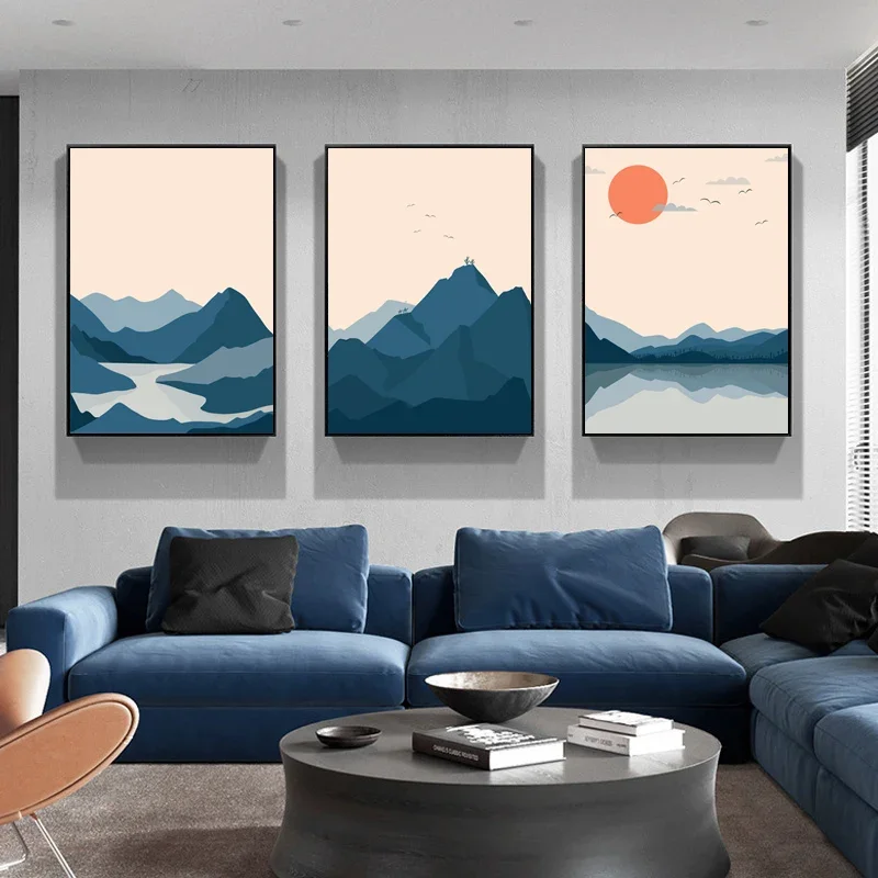 3PCS Abstract Japanese Style Sunset  Blue Mountain Lake Landscape Modern Canvas Painting Posters and Prints Wall Art Picture