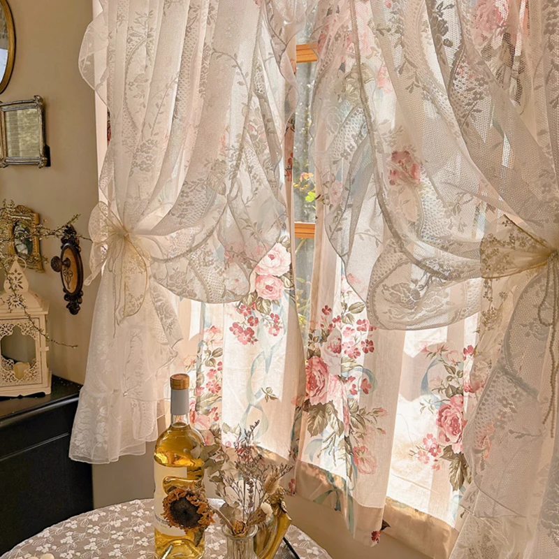 Double Layered Idyllic French Elegant Flowers Curtains Cloth For Living Room Lace Warp Ruffled Tulle Curtains for Kitchen #A461