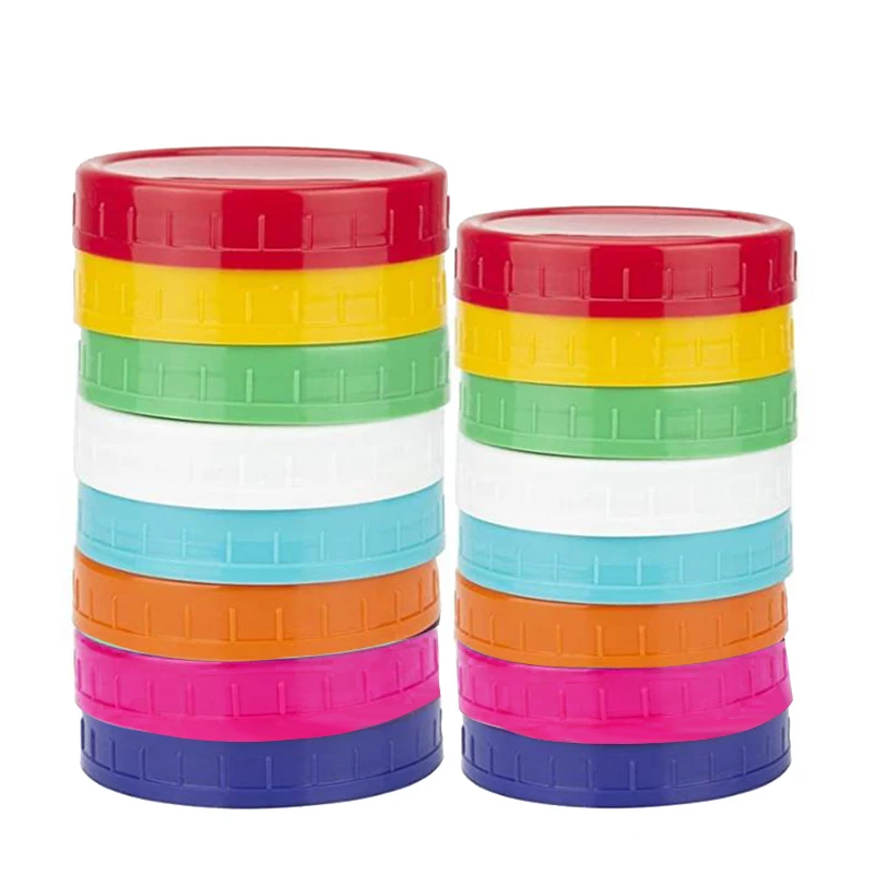 

New 16 Pack Colored Plastic Jar Lids -8 Wide Mouth & 8 Regular Mouth Ball Lids,Anti-Slip Food Storage Caps