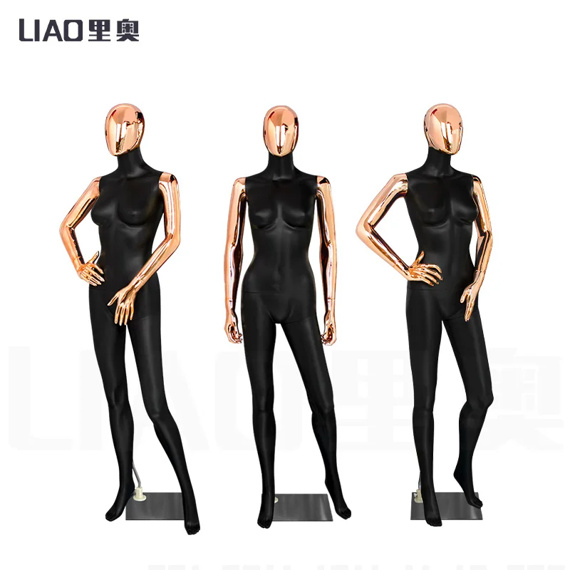 

plastic black female mannequin rose golden Chrome head and arms whole body dummy for clothes women