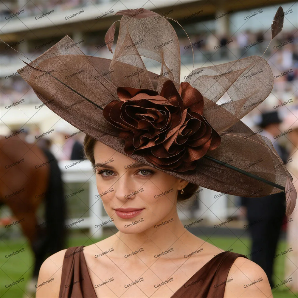 

Brown Big Fascinator Hat Women Ladies Kentucky Drby Church Headpiece Bride Wedding Millinery Cap Charming Race Party Millinery