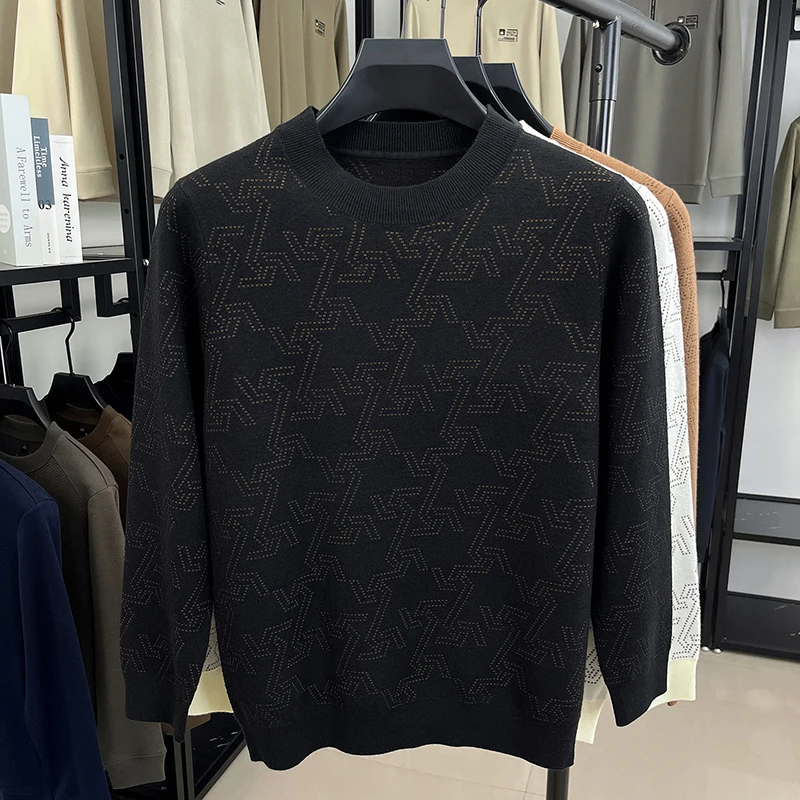 Men's Luxury Knitted Sweater Round Neck Long Sleeve Geometric Pattern Anti Pilling Pullover Autumn Winter Fashion Casual Men's