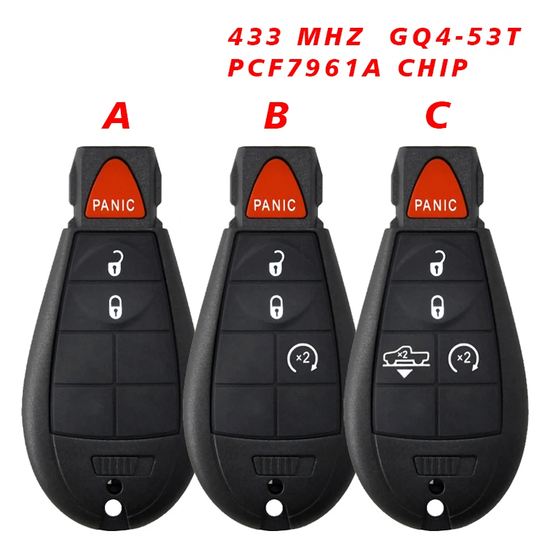 

CN087061 Aftermarket 3/4/5 Buttons GQ4-53T Remote Key for Dodge RAM 1500 2500 3500 4500 2013-2018 4 Button 433MHz PCF7961A Chip