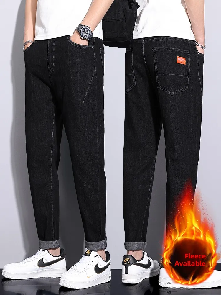 

Мужские облегающие джинсы на подкладке Fce Bla, прямые длинные брюки, осень-зима, модная трендовая корейская молодежная одежда