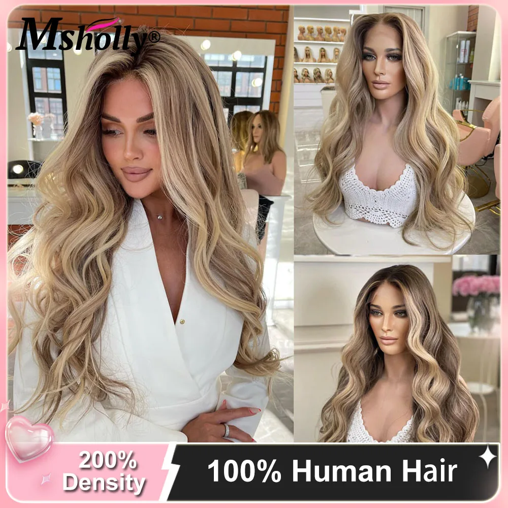 Highlight Cream Ash Blonde Body Wave 100% Human Hair Pre Cut Lace White People Wig 5x5 Glueless Lace Wig 250% Density Wigs