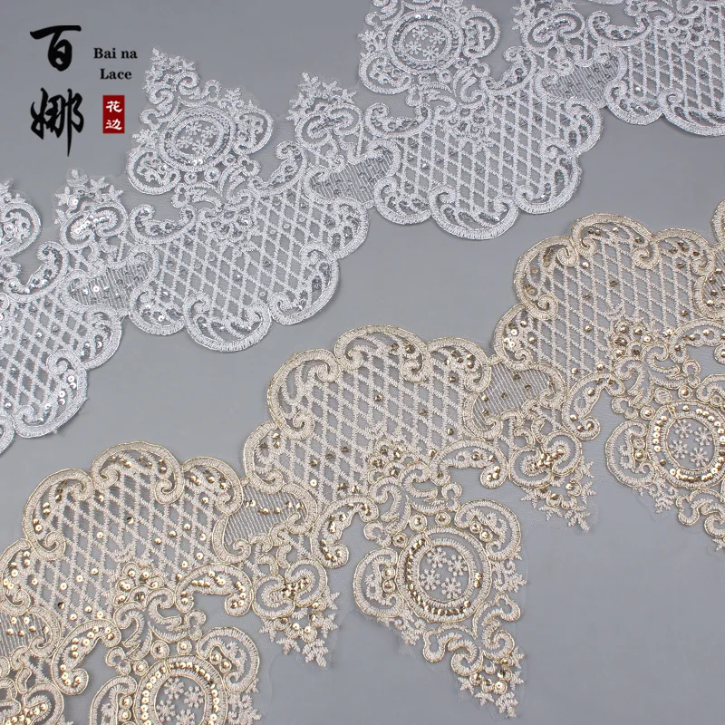 1 Yard 25cm wide Sequins Silver Thread Cording Lace Embroidery Lace Dress Home Textile Sequin Triming Dance Clothes DIY Materail