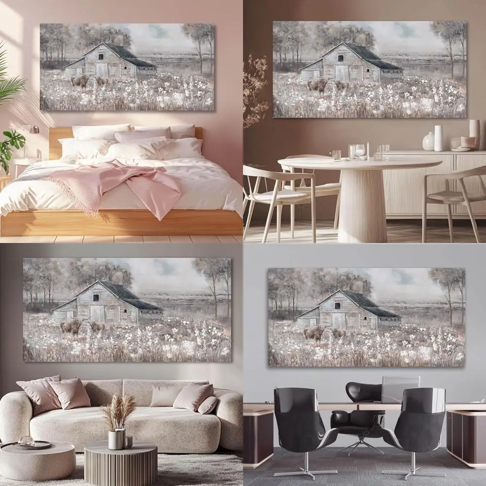 

24x48 Современное настенное искусство с пейзажем животных — белый и коричневый декор для дома или офиса