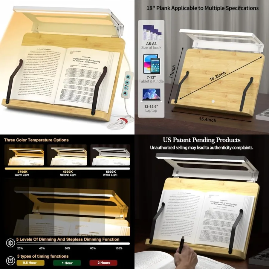 

Book Stand for Reading Adjustable and Foldable Book Holder with High CRI 90+ No-Flicker, Eye-Caring LED Light Anti-Blue Light a
