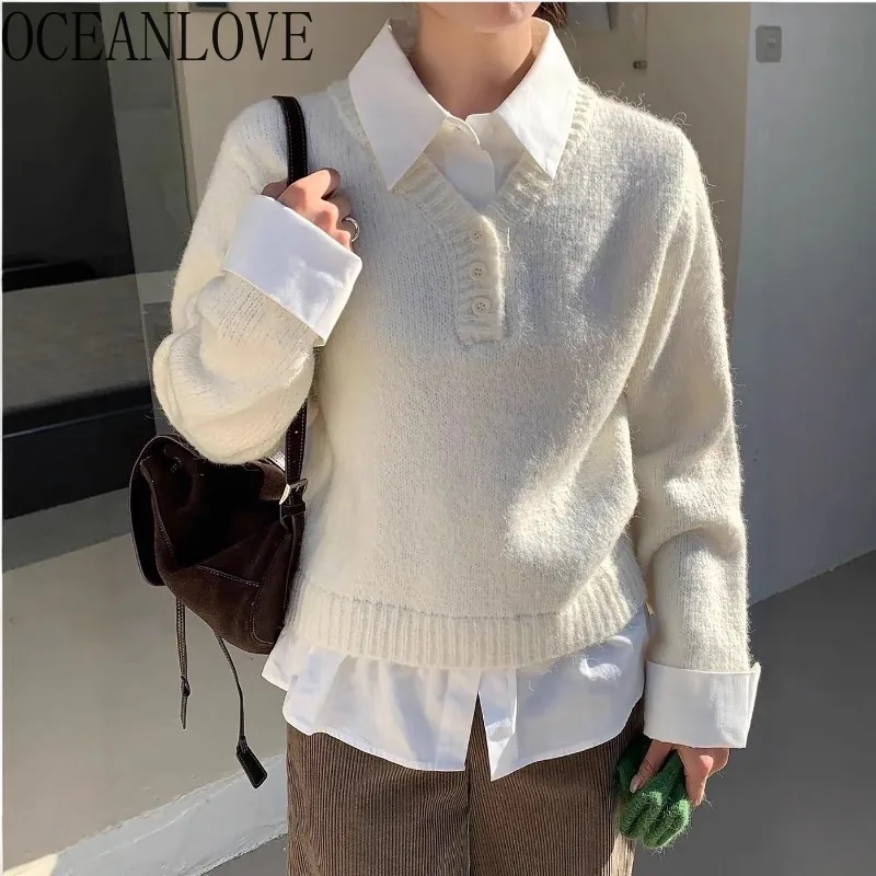

OCEANLOVE поддельные комплекты из 2 предметов, осенне-зимняя одежда, женские свитера, однотонные простые пуловеры, толстые теплые корейские модные женские пуловеры