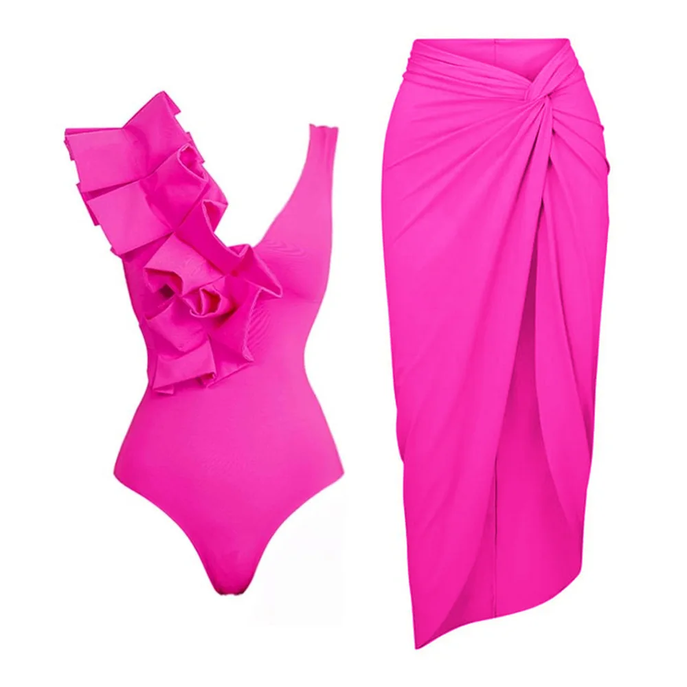 One-Piece Body-Slimming Swimsuit for Women, Square Fold on One Side, Shawl Cover-Up, Pink