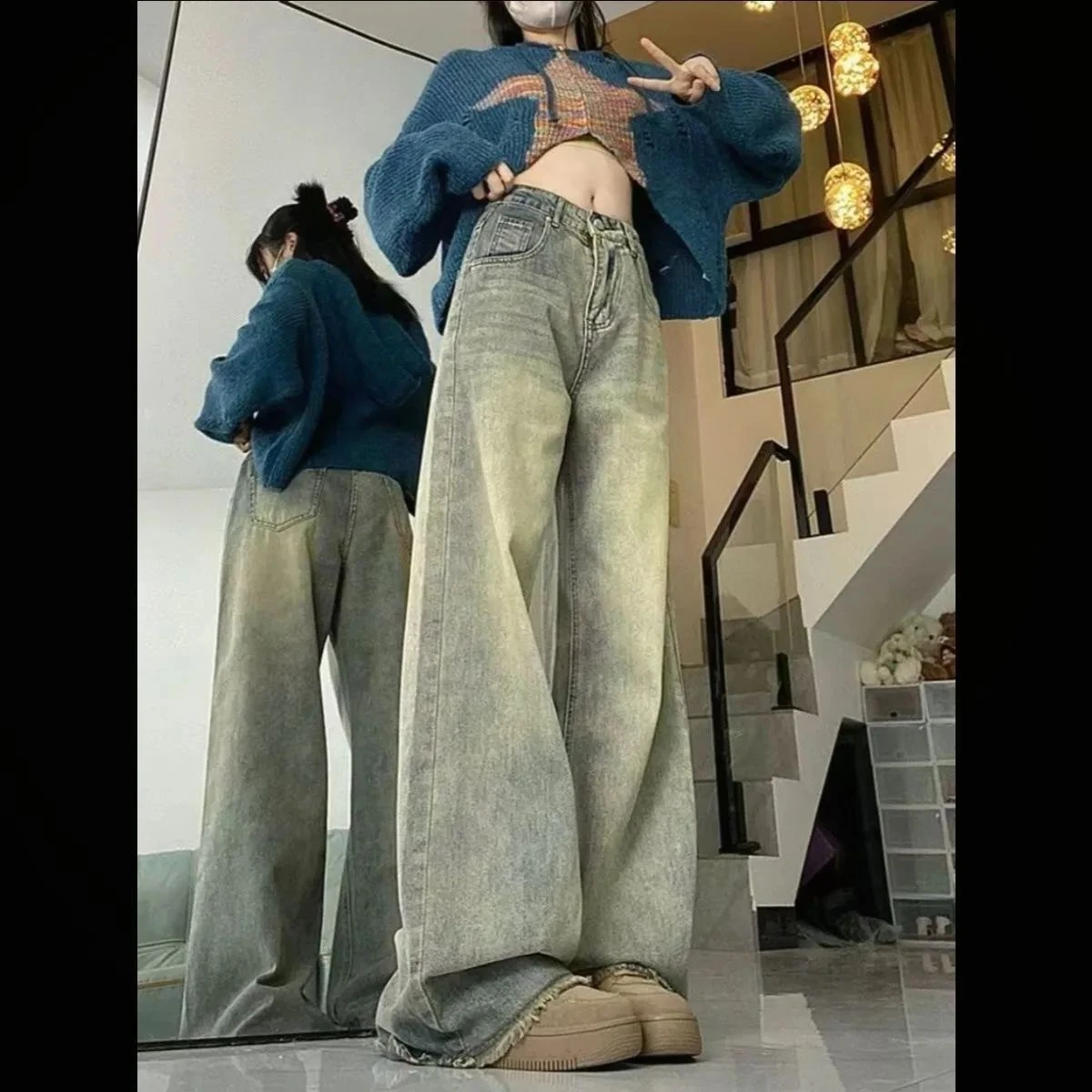 

Женские джинсы желтого цвета с широкими штанинами в стиле ретро, осень-зима, свободные, с высокой талией, с необработанными краями, прямые, длиной до пола, бархатные, уютные