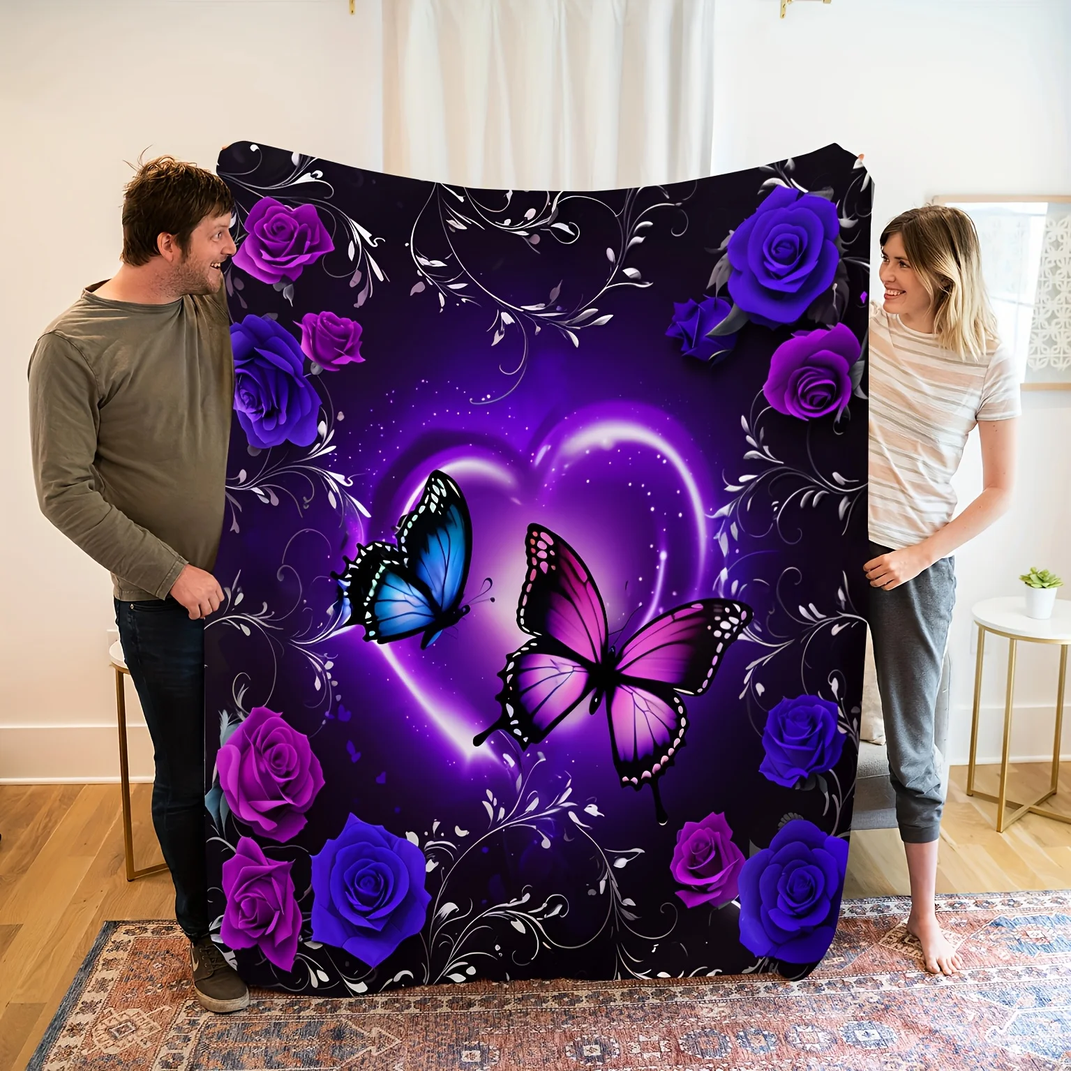 Enchanting Purple Butterfly Rose Floral Print Flannel Blanket Throw for Home Decor, Camping, Travel Perfect Gift for Friends