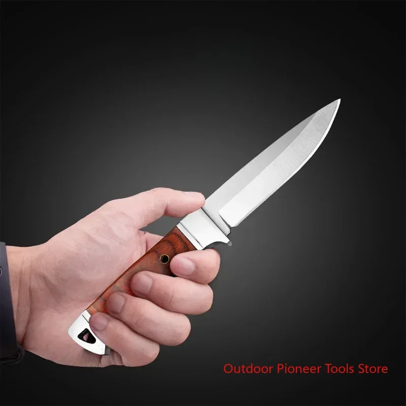 New outdoor red mahogany handle pocket knife, high hardness 5CR13 steel straight knife, camping and hunting self-defense knife