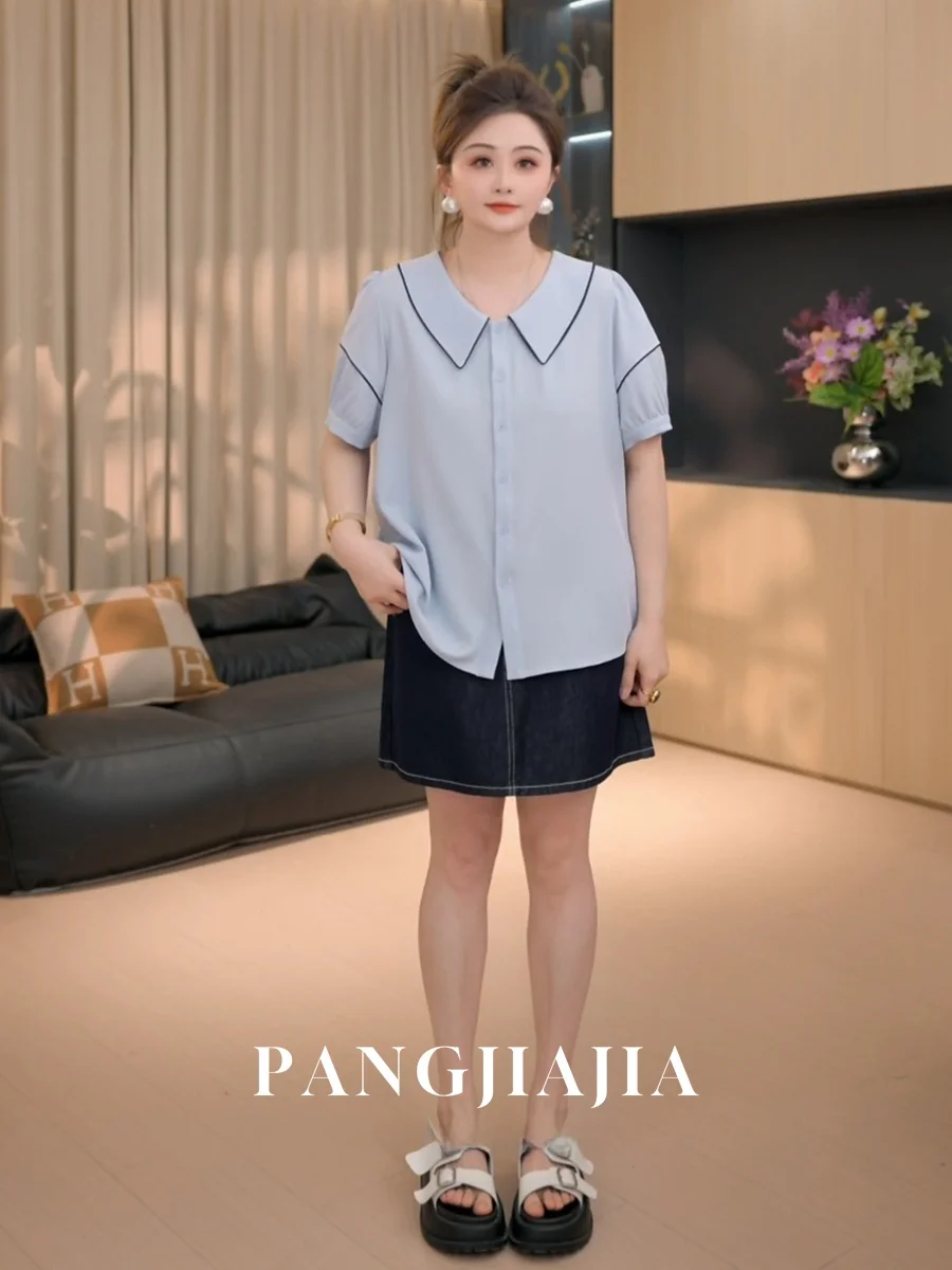 

Женская рубашка Pengjia больших размеров: повседневный стиль, короткий рукав, дышащая полиэстеровая ткань, модный летний топ, омолаживающий образ