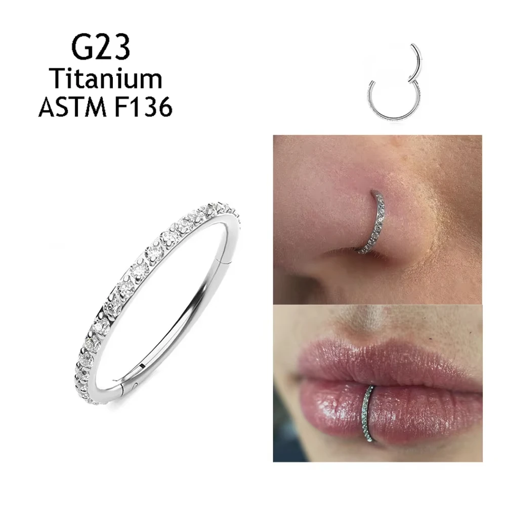 

10/50PCS ASTM F136 Titanium Nose Rings 5A Zircon Earrings Cartilage Piercing Helix Daith Hoops Classical Clicker Jewelry