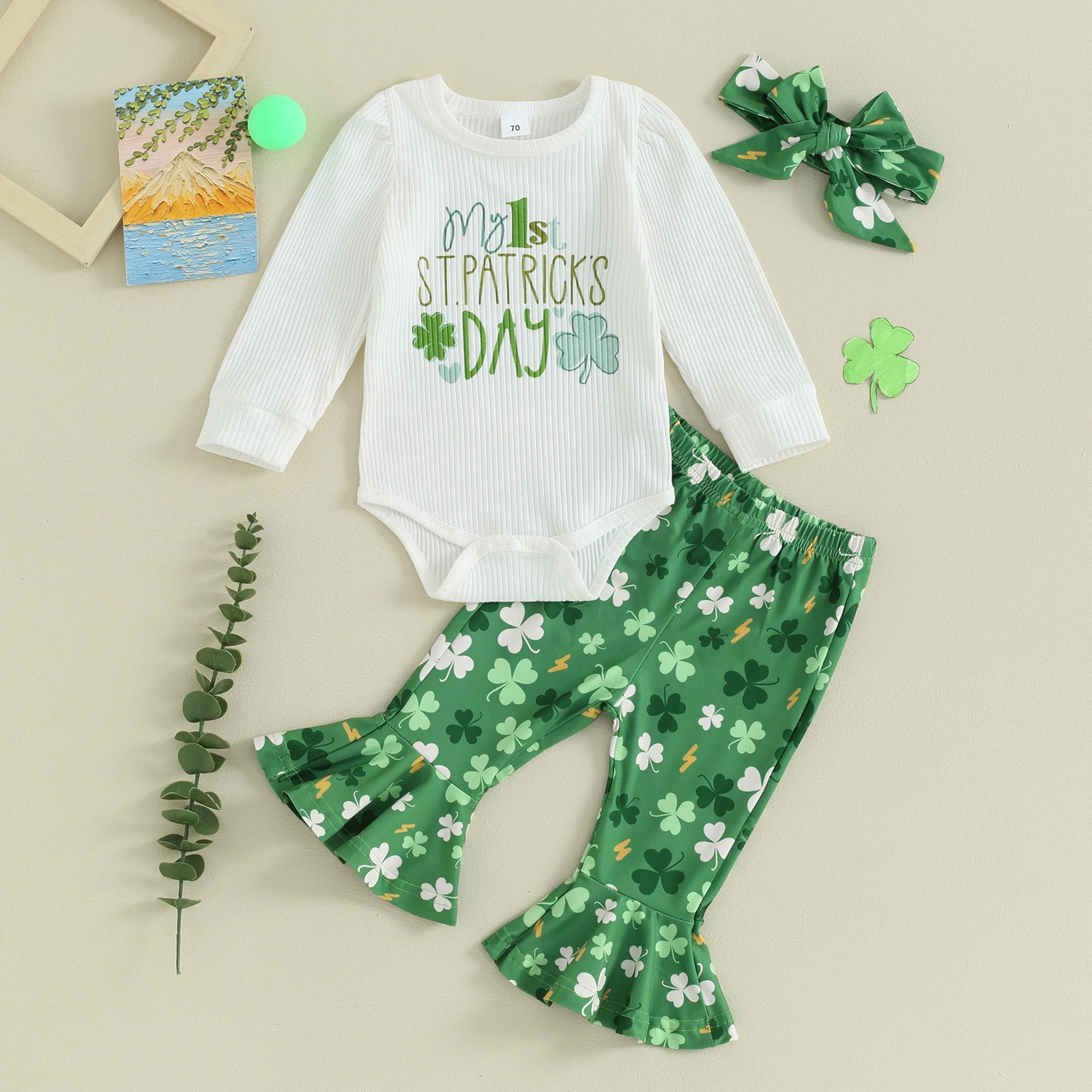 Citgeett Spring St. Patrick's Day Infant Baby Girl Outfit Long Sleeve Clover Print Ribbed Romper + Elastic Waist Flare Pants