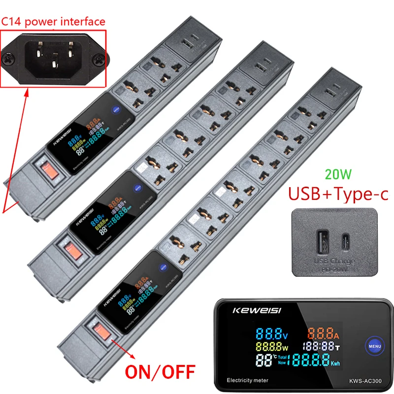 Power Strip C14 interface USB+Type-C Digital Ampermeter Voltmeter Ammeter With Switch 2-10Ways extension electrica