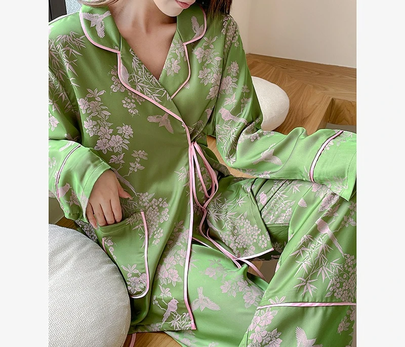 Diagonal Pajamas Women's Autumn Ice Silk Green Loungewear Thin Long-sleeved Trousers Outer Wear Personalized Fashion Suit