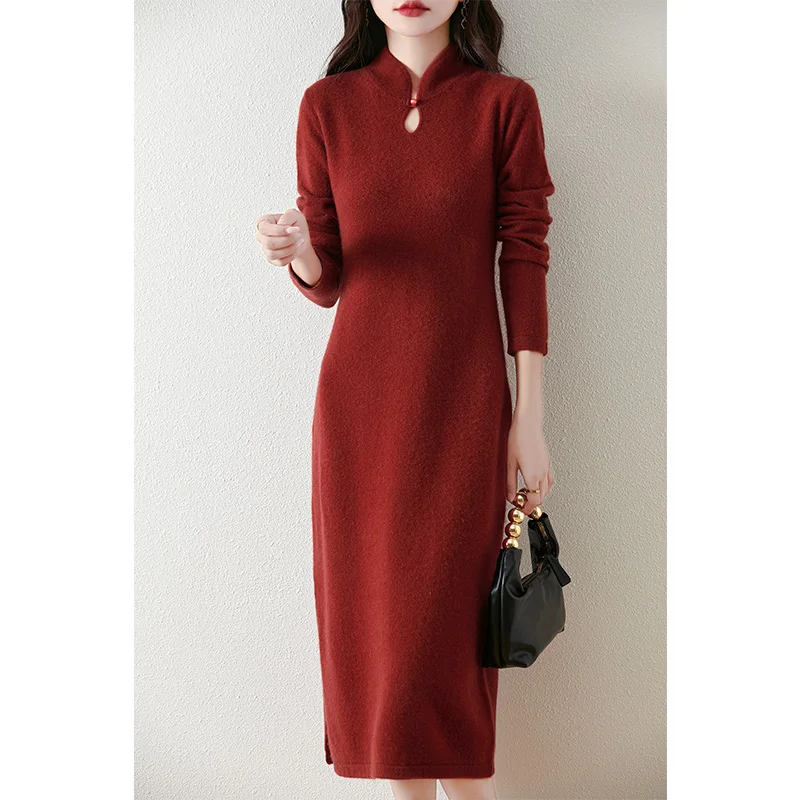 Chinese Style 2024 Autumn/Winter 100% Wool Knitting Dress For Women  Long Dresses Australian Wool Knit Dresses Lady Clothes